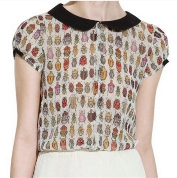 Zara Tops - Zara Sheer Beetle Bug Peter Pan Collar Shortsleeve Blouse